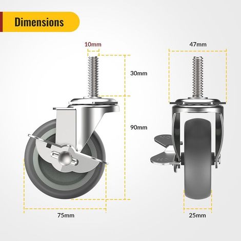 75-mm-Möbelrollen mit Bremsen, M10 x 1,5 x 30 mm, 4er-Set Lenkrollen mit Gewindebolzen – Schwerlastrollen mit Feststellbremse, Grau (1/5)