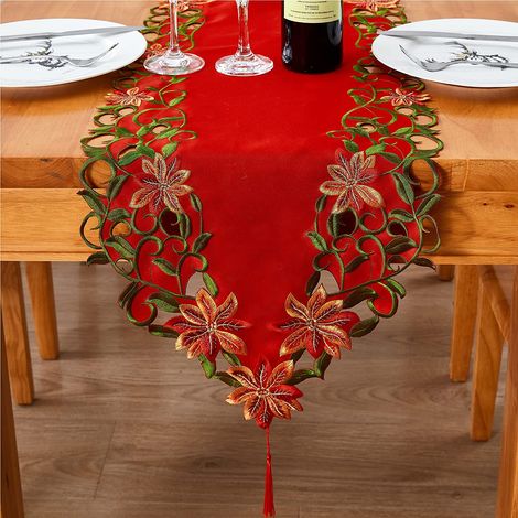 Chemise De Table De Noël - Brodée Feuilles Vertes - Polyester 38 X 175 Cm - Décoration De Table Festive - 1 Pièce (1/5)