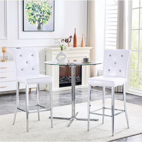 Lot de 2 tabourets de bar blancs en PVC avec dossier haut et pieds chromés HAVRYA (1/5)
