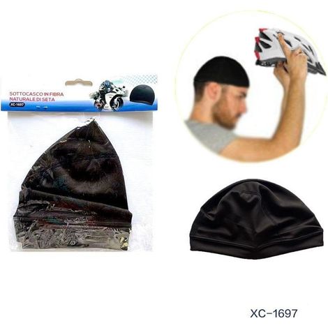 TRADE SHOP - Calotta Sottocasco Cappello In Fibra Naturale Di Seta Per Moto Bici Nero Xc-1697 -