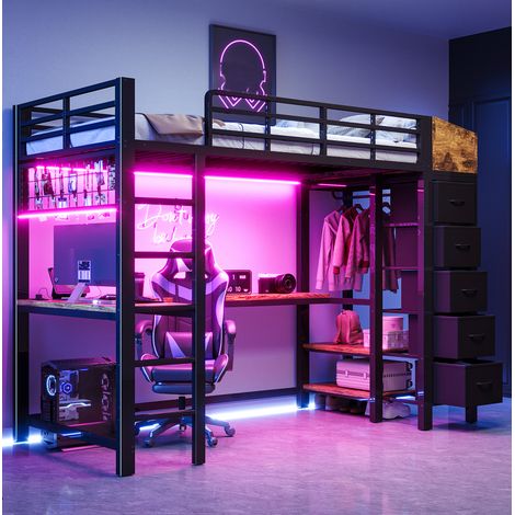 Lit mezzanine enfant en métal 90x200 cm avec bureau intégré, LED, rangements, étagères et barre de penderie, noir (1/5)