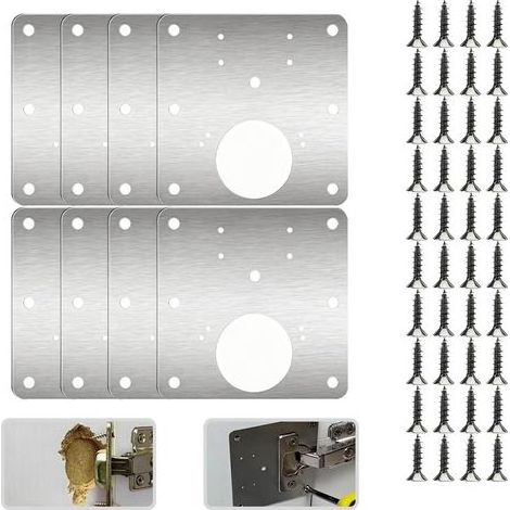 Plaque Reparation Charniere Porte Placard, 8 Pièces Réparation Charnières Meuble Cuisine Quincaillerie Plate Inoxydable Kit de Renforcement Fixation Porte avec Vis pour Bois Étagère Armoire (9090mm) (1/4)
