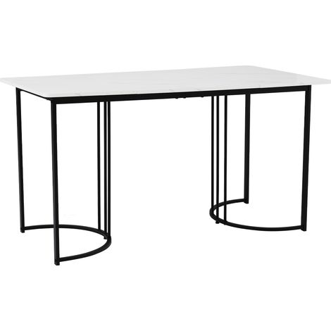 Mesa de Comedor Rectangular en MDF con Motivo Marmoleado, Patas Negras Ajustables y Estructura de Metal - 140×80 cm, Blanco (1/5)