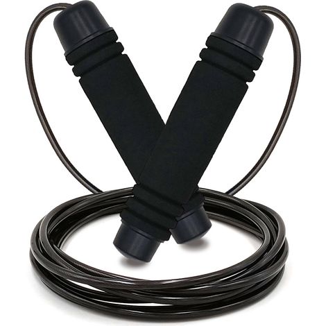 Corde à sauter fitness pour adultes, poignée en mousse, câble acier, coloris noir (1/5)