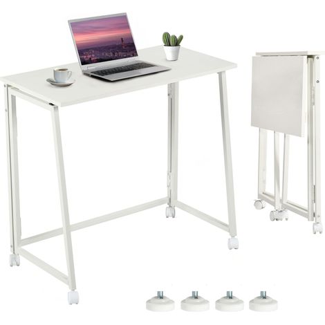 Meuble Bureau Pliant avec 4 roulettes pour Petits Espaces Table d'Ordinateur Pliante pour Domicile Poste de Travail Chambre Salon, Style Scandinave, Cadre en Métal, Blanc (1/5)