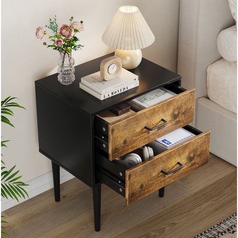 Table de chevet rétro en MDF brun antique avec 2 tiroirs, pieds en bois massif, 51 x 38 x 66 cm (1/5)