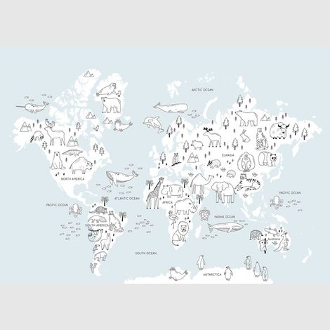 Papier peint intissé - Carte du monde des animaux monochromes - 375x270 cm (1/4)