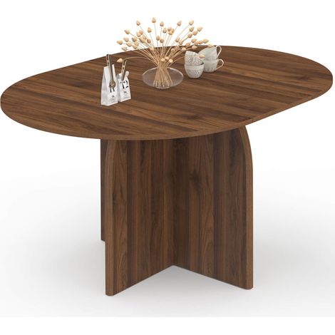Tavolo da pranzo allungabile rotondo in stile Japandi EDITH, da 4 a 8 persone, con piede centrale dal design arrotondato in noce (1/5)