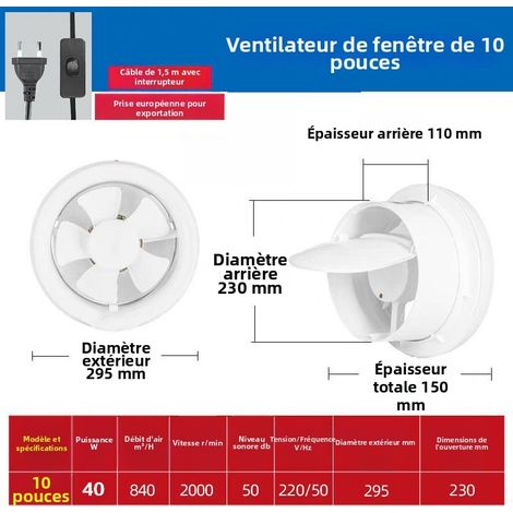 Ventilatore estrattore d'aria da 295 mm, 2000 giri/min, 840 m³/h, ventilazione meccanica, potente flusso d'aria CC, facile da installare, bagno, lavanderia, garage, 10 pollici (1/4)