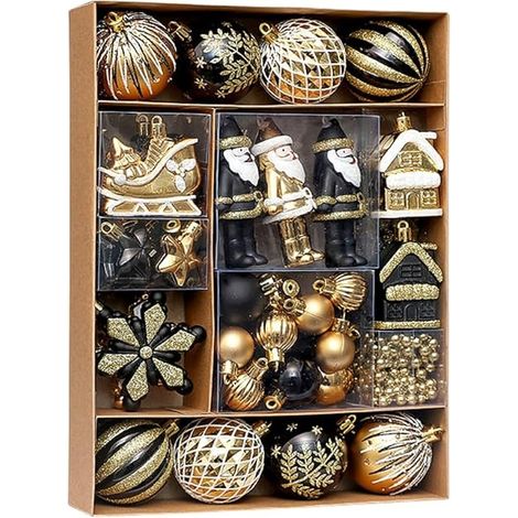 Lot de 50 décorations de sapin de Noël - Flocons de neige - Père Noël - Décoration de mariage - Décoration de vacances - 50 pièces (noir + doré) (1/5)