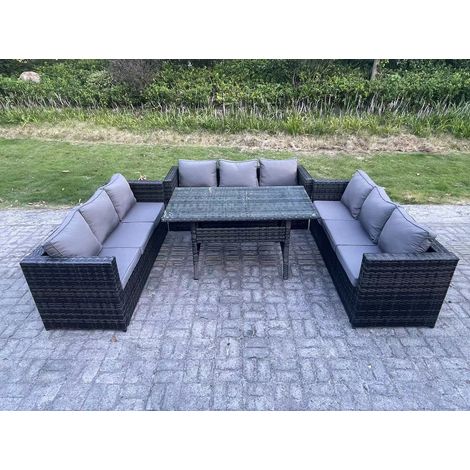 Fimous 9 Seater Outdoor Wicker Garden Furniture Rattan Lounge Sofa Set Patio Rectangular Dining Table Three Seater Sofa Dark Grey Mixed (1/4)