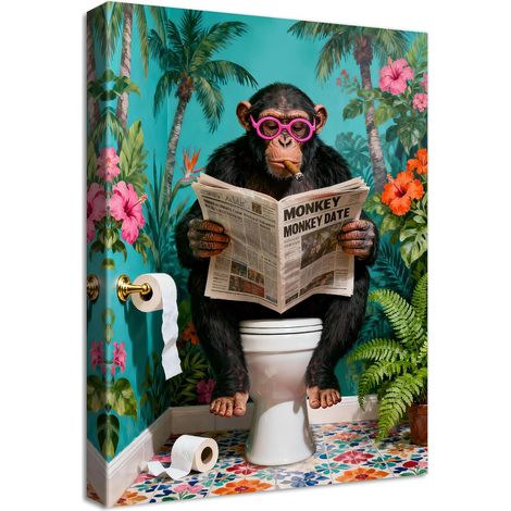 Cadre en Bois Impression sur Toile Animal Singe Tableau Affiche Decoration Murale Image sur Toile Singe Amusante Lisant le Journal sur les Toilettes Tableau Decoration Murale Salle de bain WC 30x40cm (1/5)