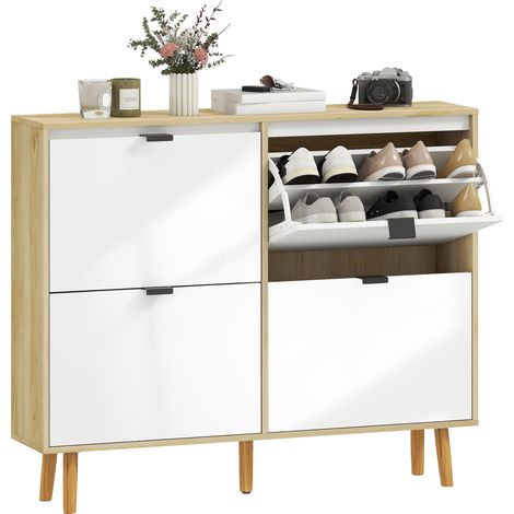 Schmaler Schuhschrank mit 4 Klappschubladen, glänzend weiß, Maße 105 x 24 x 92,5 cm