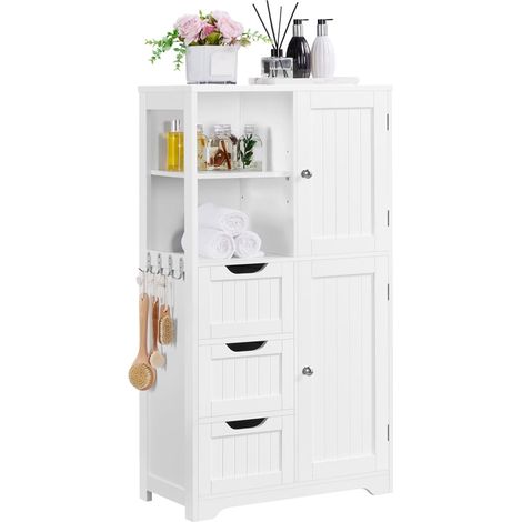 Armoire Rangement Salle de Bain, 3 Tiroirs 2 Casiers 4 Crochets 2 Placards, Étagère Réglable en Hauteur, 60 × 30 × 107 cm, Meuble Toilette/Cuisine/Chambre Blanc (1/5)
