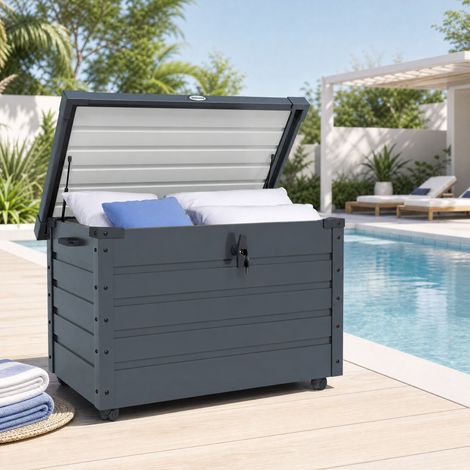 Coffre de rangement de jardin 295 L en acier, roulettes, serrure, 100 x 62 x 65 cm, HAVRYA (1/5)