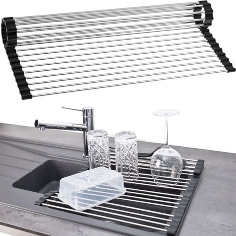 Zusammenklappbarer Geschirrabtropfer aus Edelstahl und schwarzem Kunststoff, 37 cm, Küchenaufbewahrung, Tellerhalter, anpassbar an die Spüle, rutschfest und hitzebeständig, Bestecktrockner. (1/5)