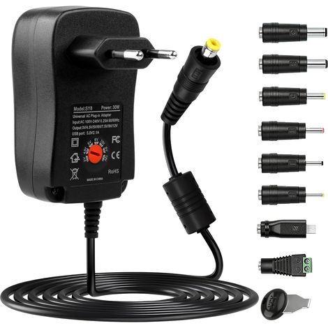 Adattatore di alimentazione universale AC/DC da 30 W 12 V 9 V 7,5 V 6 V 5 V 4,5 V 3 V 2 A Trasformatore di potenza con 8 punte selezionabili per strisce LED, router, TV box, elettronica domestica (1/5)