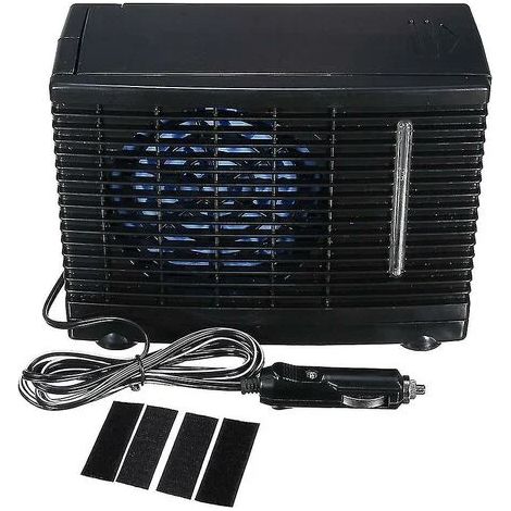 Mini condizionatore d'aria portatile per auto da 12 V con ventola, sistema di raffreddamento evaporativo ad acqua e ghiaccio e adattatore per accendisigari.