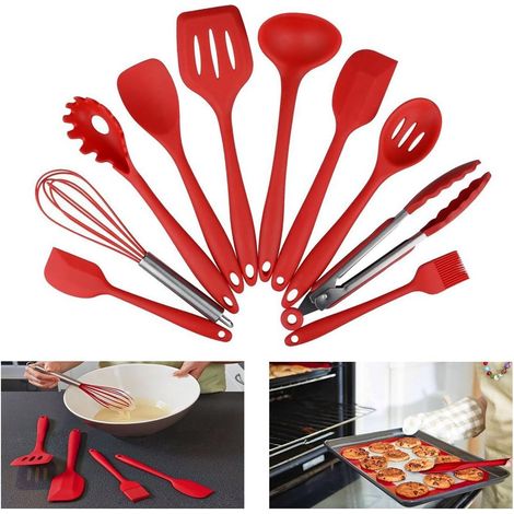 LAN Set de 10 Ustensiles de cuisine en silicone - Pinces, Fouet, Brosse, Spatule, Cuillère, Noodle Spoon, Slotted Spatula, Riz Paddle, Cuiller à soupe, Résistant à la chaleur Utensil de Cuisson (1/5)