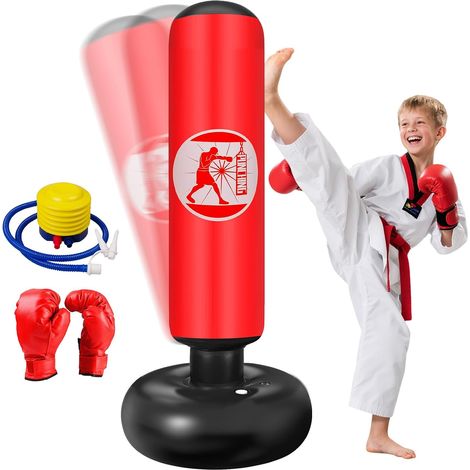 Children's Boxing Bag, 160 cm Inflatable Foot Punch Bag with Air Pump and Boxing Gloves, Punching Ball Set for Boys and Girls 3-12 Years for Karate Kickboxing (1/5)