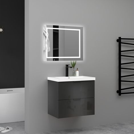 AICA Meuble de salle de bain suspendu Strié Brillant 80cm avec simple vasque + 2 tiroirs, Anthracite