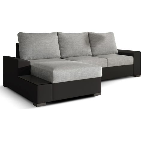 Canapé angle gauche convertible tissu gris clair et simili noir James 245cm (1/5)