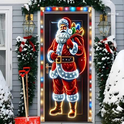 Décoration de porte de Noël, autocollant de porte, tissu décoratif à suspendre, toile de fond pour décoration de fête, décoration de porte de chambre - 90 x 180 cm (perforé + ruban) - 64
