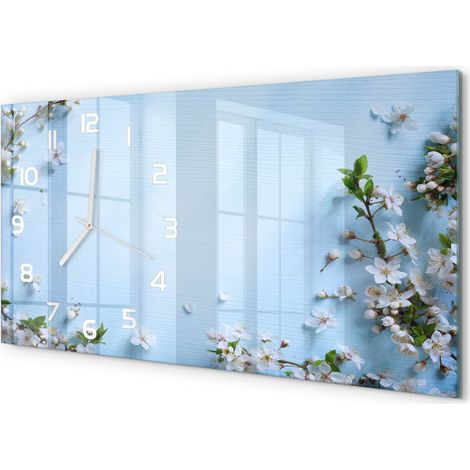 Horloge Murale Panoramique Moderne 60x30 cm Verre Trempé Sans Tic-Tac Arrière-plan de fleurs de cerisier (1/5)