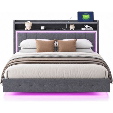 Polsterbett Doppelbett 160 x 200 cm mit USB, LED und Stauraum am Kopfteil, Ohne Matratze, Grau (1/5)