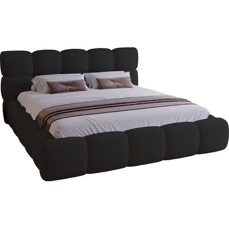 Lit capitonné 200x200 Lucca - lit adulte avec rangement, tissu bouclé - Noir (Lambi 13)