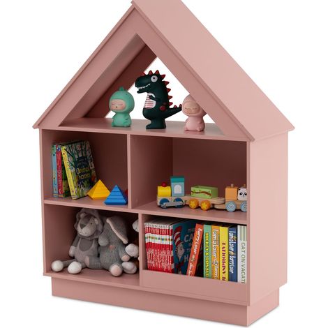 COSTWAY Libreria per Bambini a Forma di Casa, Scaffale in Legno con 5 Cubi per Giocattoli, Organizer di Stoccaggio Antiribaltamento, Scaffale Aperto a 3 Livelli, 88x34x108 cm (Rosa) (1/5)