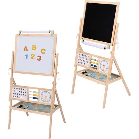 Sunny Nola Chevalet Pour Enfants En Bois, Beige Tableau Blanc/Noir Et Rouleau De Papier Magnétique, Horloge Et Lettres Alphabet 46 X 56 X 103 Cm (1/5)
