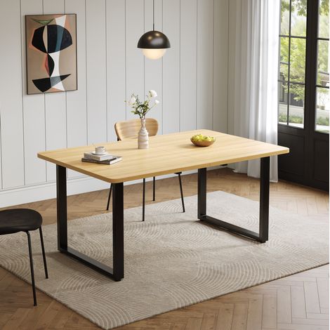 Table à manger extensible 220×80×75 cm pour 6-10 personnes, structure en MDF, pieds de table en métal, marron clair et noir (1/5)