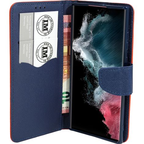 Buch Tasche "Fancy" kompatibel mit SAMSUNG GALAXY S22 ULTRA (SM-908B) Handy Hülle Etui Brieftasche Schutzhülle mit Standfunktion, Kartenfach Rot-Blau (1/5)