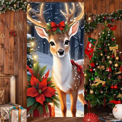 Bannière de porte de Noël en polyester 90x180cm avec œillets et ruban, design festif (1/2)