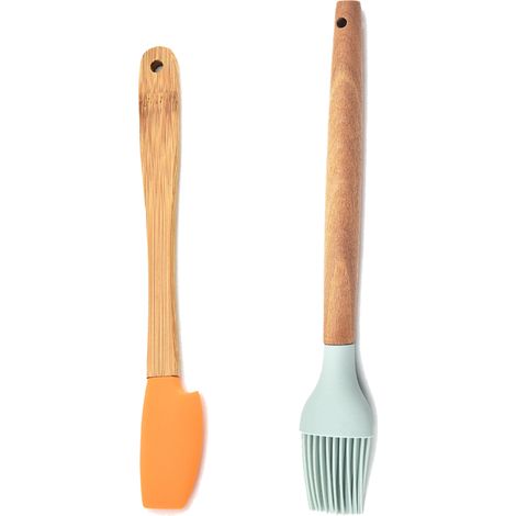 Ensemble Mini Ustensiles Silicone - Poignées En Bambou Naturel - Pour Pots Et Espaces Étroits - Lot De 2 Pièces (1/5)