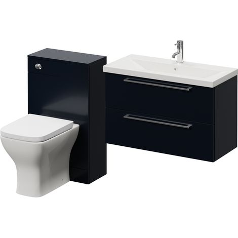 Napoli 390 Deep Blue 1300mm Wall Mounted 2 Drawer Vanity Unit and Toilet Suite with Glide Basin - 1300mm - Chrome 480mm HandleWith Kingston Toilet Pan and Seat