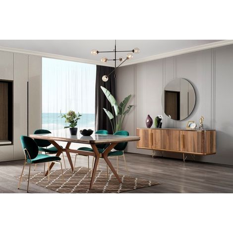 Azura Home Design – Salle à manger complète 6 places en bois et métal – Table 200x100cm effet marbré – Buffet assorti – Chaises en velours vert