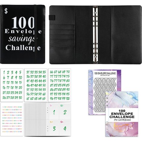 1 Classeur d'épargne, 100 enveloppes, cuir PU, pages OPP, anneaux acier, suivi budget quotidien (1/5)