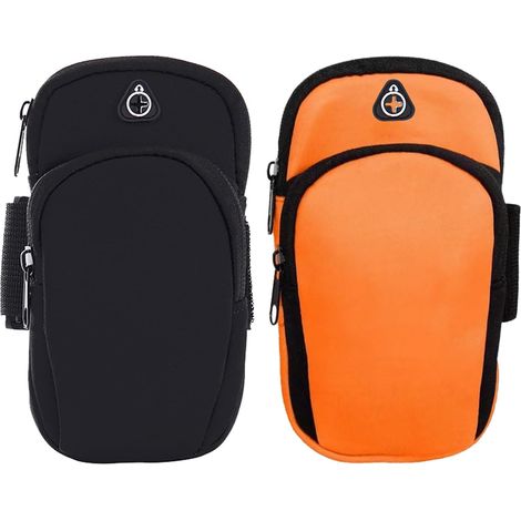 Brassard de course 2 pièces avec support pour téléphone, pochette pour téléphone portable, brassard de sport avec écouteurs, deux poches pour le jogging, le vélo, la salle de sport, le fitness, compat (1/5)