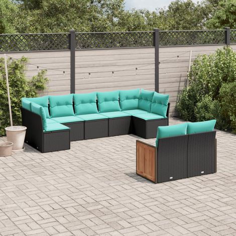 9-teiliges Gartensofa-Set mit Kissen, schwarzes Polyrattan (1/5)