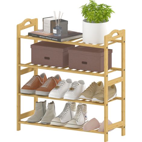 4-stöckiges Schuhregal aus Bambus, Schuhhalter, Kapazität für 12 Paar Schuhe, 67,5 x 24,7 x 72 cm, Naturholzoptik