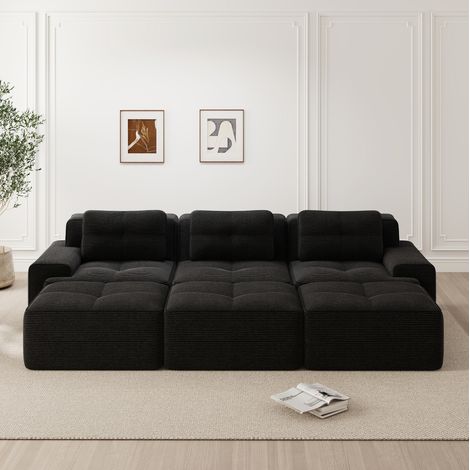 3-Sitzer Sofa Cord Schwarz, modular mit Schlaffunktion und 3 Hockern, rahmenloses Wohnzimmersofa (1/5)
