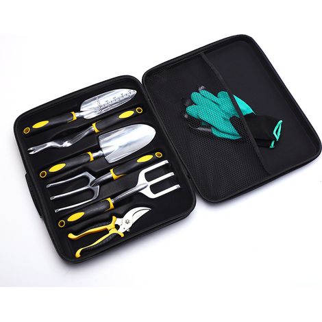 Ensemble d'outils de jardinage comprenant une pelle à fleurs, un râteau en aluminium, une balance et des outils ménagers. (1/4)