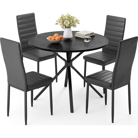 Juego de Mesa y Sillas de Comedor Bealife Conjunto con 1 Mesa Redonda Plegable de 100 x 76 cm Negro y 4 Sillas de Cuero Estructura Metálica (1/5)