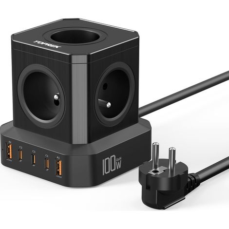 100W PD3.0 Cube Multiprise avec 5 Prises AC Française et 5 USB 2M Câble, 10 en 1 Cube Rallonge Multiprise avec Interrupteur, 100W 5 Ports USB Charge Rapide GaN Tech Électrique(4000W/16A) (1/5)
