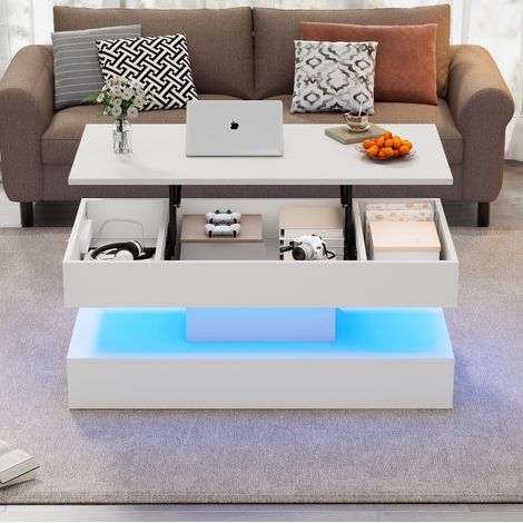 Mesa de centro de aglomerado blanco 100 cm, tablero elevable con almacenaje oculto y LED (1/5)