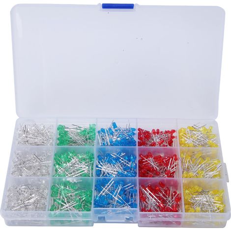 1000Pcs Assorted Color Red/Yellow/Blue/Green/White 3mm LED Light Emitting Diode Kit Box (1/5)
