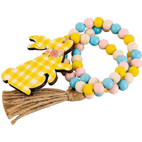 Guirlande de perles en bois de Pâques avec pompon, style rustique, 5 pièces, décoration (1/5)