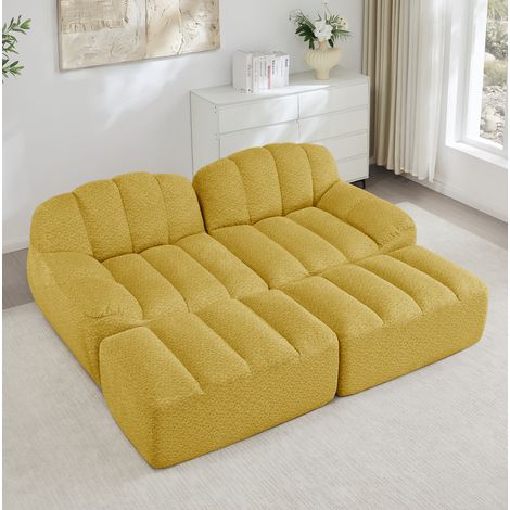 Canapé modulable 2 places en tissu polaire granulé jaune avec 2 ottomans, sans structure rigide (1/5)